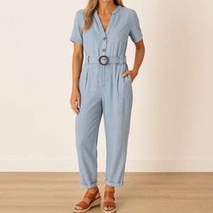 NWT Three Bird Nest Tencel Chambray Jumpsuit Belted Button Front Blue Size Large